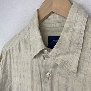 LORENZINI Shirt Mens M Linen Woven Graph Check Button Up Long Sleeve Beige Italy